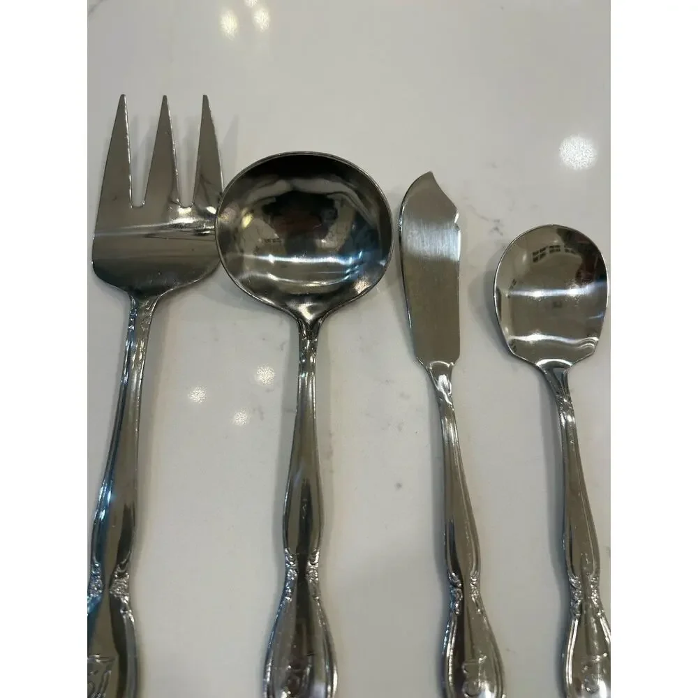 Vtg 4 Pc Serving Utensils “T” Monogram Custom Made Floral Stainless Flatware EUC